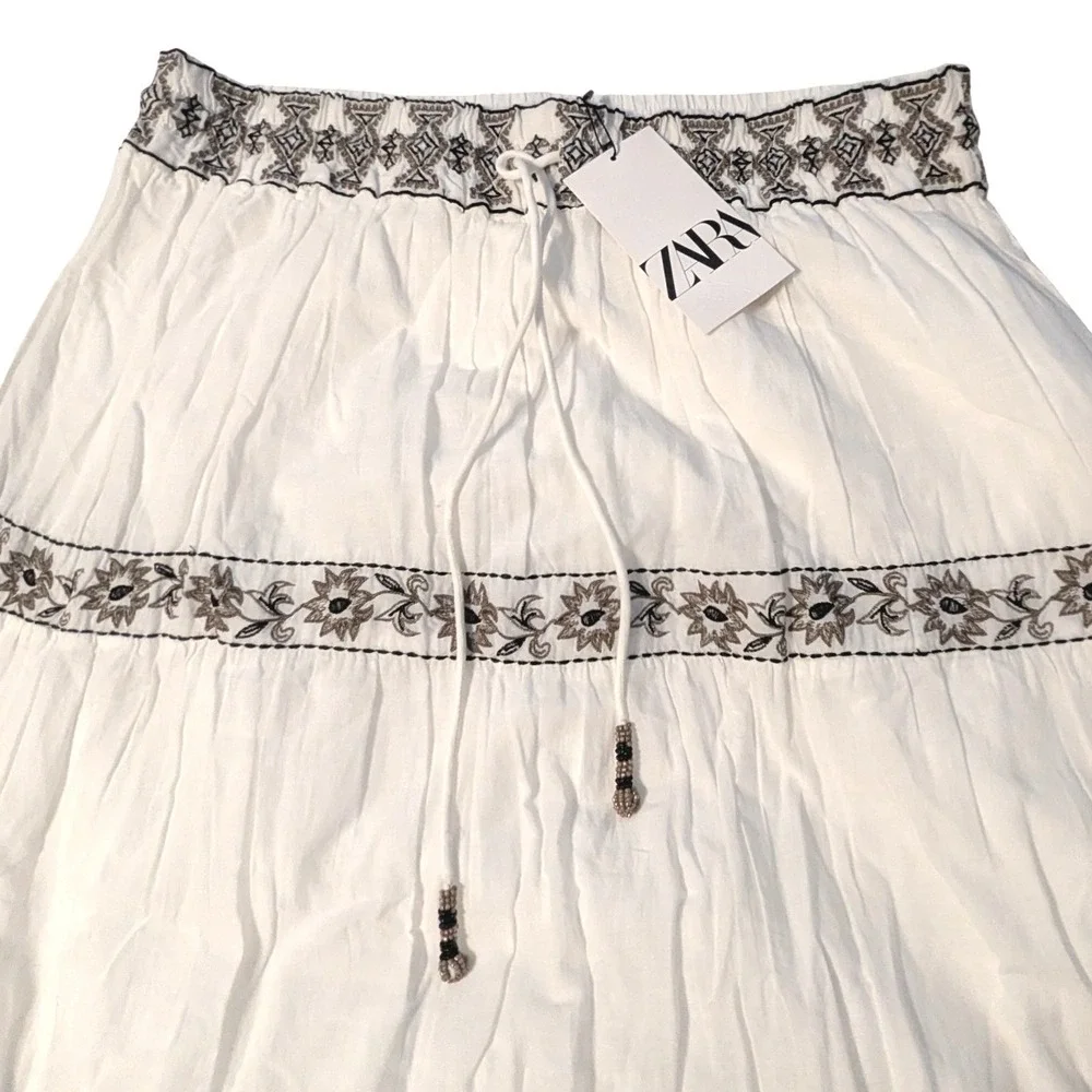 Zara Women White Embroidered Cotton Tiered Maxi Skirt XL 7521/280/712 Boho New